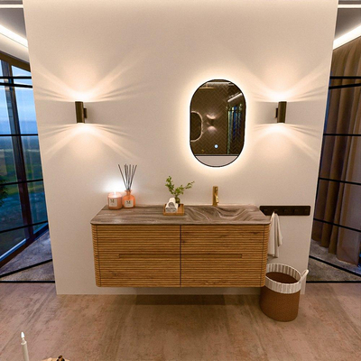 Mondiaz CIRO-DLUX Meuble de salle de bains - 130x45x50cm - Plan-vasque solid surface Sombra - 1 lavabo à droite - 1 trou de robinet - 4 tiroirs - Chêne