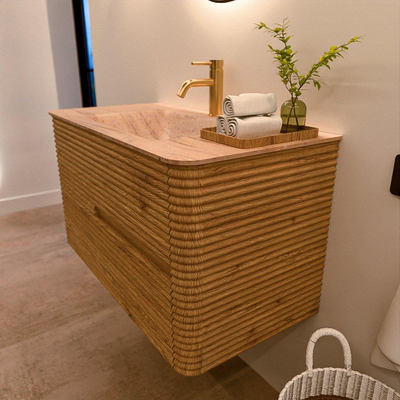 Mondiaz CIRO-DLUX Badkamermeubelset - 90x45x50cm - Solid surface wastafel Saba - 1 wasbak Midden - 1 kraangat - 2 lades - Oak