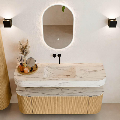 MONDIAZ THOR-DLUX 140cm badmeubel ronding links + rechts kleur Oak met 1 lade en 2 deuren. Vrijhangende wastafel CLOUD Midden zonder kraangat kleur Nata.