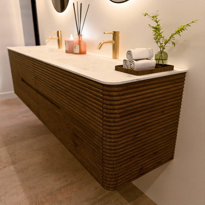 Mondiaz CIRO-DLUX Badkamermeubelset - 190x45x50cm - Solid surface wastafel Opalo - 2 wasbak Dubbel - 2 kraangaten - 4 lades - Dusk