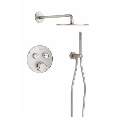 Grohe - Adema Rise Regendoucheset - rond - wandaansluitbocht met handdouchehouder - gladde doucheslang - staafhanddouche - wandarm - 25cm hoofddouche - Grohe SmartControl inbouwthermostaat - chroom