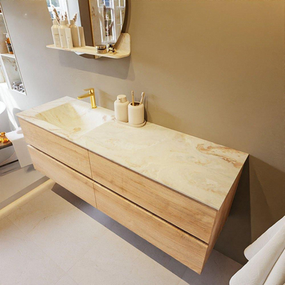 MONDIAZ VICA-DLUX Ensemble meuble de salle de bains - 150cm - meuble bas Washed oak - 4 tiroirs - lavabo encastré cloud à gauche - 1 trou de robinet - version hauteur 60cm - frape