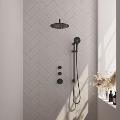 Brauer Black Carving Ensemble de douche de tête encastré - douche de tête 30cm - bras mural - barre de douche - avec corps encastré - 3 boutons Carving - douchette ronde 1 jet - noir mat