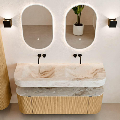 MONDIAZ THOR-DLUX 140cm badmeubel ronding links + rechts kleur Oak met 1 lade en 2 deuren. Vrijhangende wastafel CLOUD Dubbel zonder kraangat kleur Frappe.