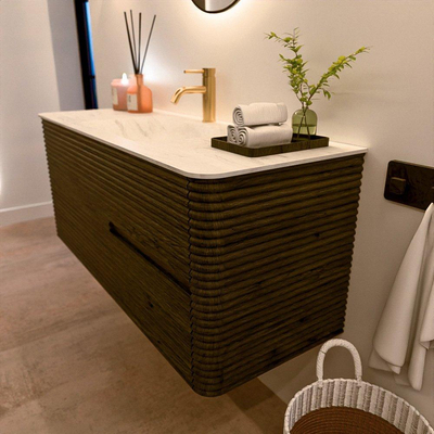 Mondiaz CIRO-DLUX Badkamermeubelset - 120x45x50cm - Solid surface wastafel Opalo - 1 wasbak Midden - 1 kraangat - 2 lades - Shadow