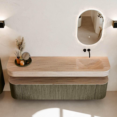 MONDIAZ THOR-DLUX Meuble de salle de bains 190cm arrondi gauche + droite couleur Shadow avec 2 tiroirs et 2 portes. Vasque suspendue CLOUD Droite sans trou de robinet couleur Saba.