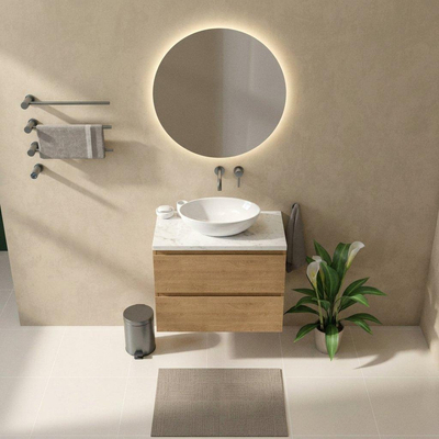 Saniclass Holz Pure Ensemble meuble de salle de bains - 80x45x63cm - Plan vasque en marbre Dia poli (blanc) - sans trou de robinet - 2 tiroirs - chêne natural mat (bois)