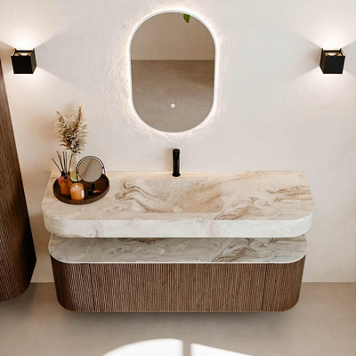 MONDIAZ THOR-DLUX 150cm meuble de salle de bains arrondi gauche + droite couleur Walnut avec 1 tiroir et 2 portes. Vasque suspendue CLOUD Milieu 1 trou de robinet couleur Frappe.