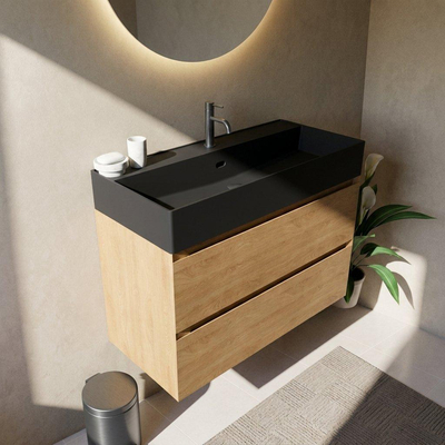 Saniclass Holz Pure Badkamermeubelset - 100x45x72cm - Legend keramische wastafel mat zwart - 1 wasbak - 1 kraangat - 2 lades - mat eiken natural (hout)