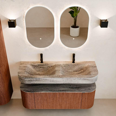 MONDIAZ THOR-DLUX 130cm meuble de salle de bains arrondi gauche + droite couleur Ruby avec 1 tiroir et 2 portes. Vasque suspendue CLOUD Double 2 trous de robinet couleur Oza.