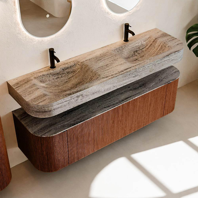 MONDIAZ THOR-DLUX 160cm badmeubel ronding links + rechts kleur Ruby met 1 lade en 2 deuren. Vrijhangende wastafel CLOUD Dubbel 2 kraangaten kleur Oza.