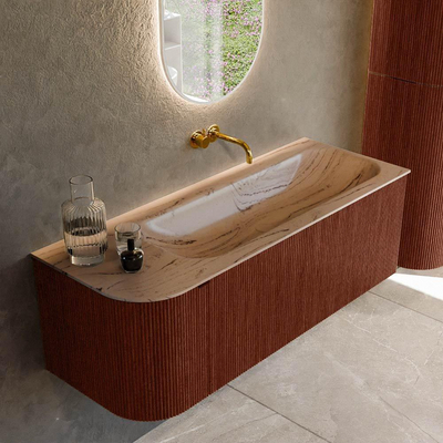 MONDIAZ KURVE-DLUX Meuble de salle de bains 125cm arrondi à gauche couleur Ruby avec 1 tiroir et 1 porte. Lavabo BIG MEDIUM à droite sans trou de robinet Arena.
