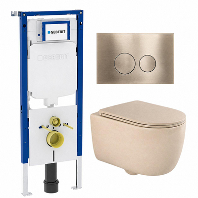 QeramiQ Dely Swirl Toiletset - 36.3x51.7cm - Geberit UP720 Duofix Sigma inbouwreservoir -slim zitting - geborsteld messing bedieningsplaat - ronde knoppen - mat beige