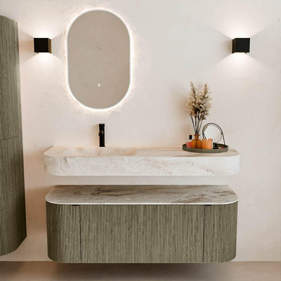 MONDIAZ THOR-DLUX 130cm meuble de salle de bains arrondi gauche + droite couleur Shadow avec 1 tiroir et 2 portes. Vasque suspendue CLOUD Gauche 1 trou de robinet couleur Frappe.