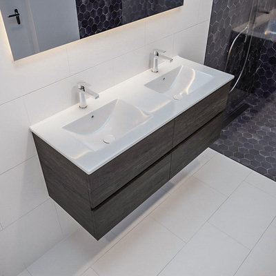 Mondiaz VICA ensemble de meuble de salle de bain - 120cm - meuble sous-vasque marron foncé - 4 tiroirs - DENIA double 2 trous de robinet XL version 60cm de haut