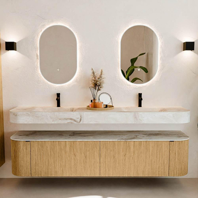 MONDIAZ THOR-DLUX 200cm meuble de salle de bains arrondi gauche + droite couleur Oak avec 2 tiroirs et 2 portes. Vasque suspendue CLOUD Double 2 trous de robinet couleur Frappe.