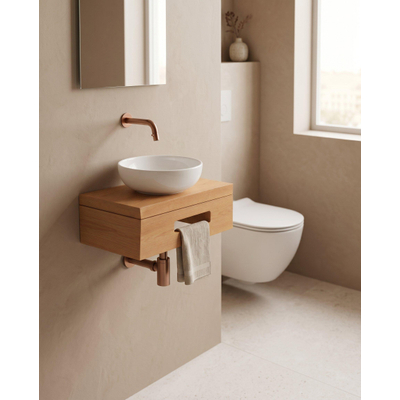 Royal Plaza Terra Fonteinplank - 40x25x10cm - met handdoekhouder - waskom wit glans - fonteinkraan koper - afvoerplug - sifon - sandwood (licht eiken)