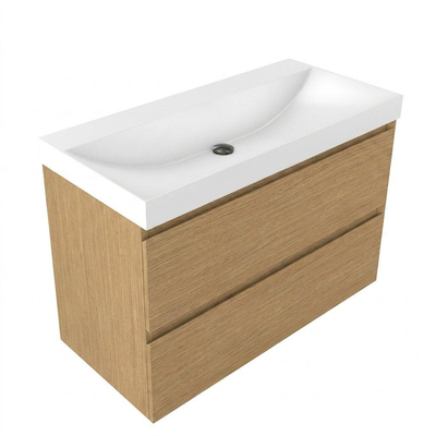 Saniclass Holz Pure Ensemble meuble de salle de bains - 100x45x67.5cm - lavabo en céramique Wave - 1 vasque - sans trou de robinet - 2 tiroirs - chêne naturel mat (bois)