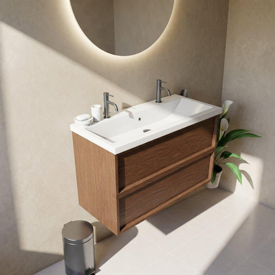 Saniclass Holz Frame Ensemble meuble de salle de bains - 100x45x63.5cm - Lavabo en céramique Bari blanc - 1 vasque - 2 trous de robinetterie - 2 tiroirs - noyer pure mat (bois)