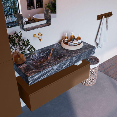 Mondiaz ALAN-DLUX Ensemble de meuble - 110cm - meuble Rust mat - 1 tiroir - Lavabo Cloud Lava suspendu - vasque Gauche - 0 trous de robinet