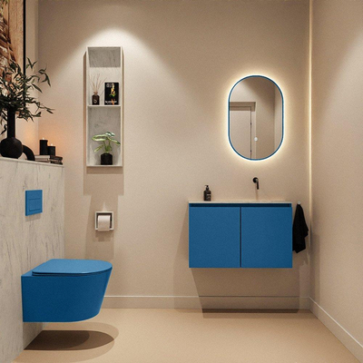 MONDIAZ TURE-DLUX Meuble toilette - 80cm - Jeans - EDEN - vasque Opalo - position droite - sans trou de robinet