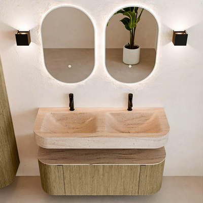 MONDIAZ THOR-DLUX 120cm meuble de salle de bains arrondi gauche + droite couleur Dusk avec 1 tiroir et 2 portes. Vasque suspendue CLOUD Double 2 trous de robinet couleur Saba.