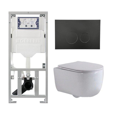 QeramiQ Dely Swirl Ensemble WC- 36,3x51,7 cm - Réservoir encastré Geberit UP320 - Abattant fin - Plaque de commande noire mate - Boutons ronds - Blanc brillant