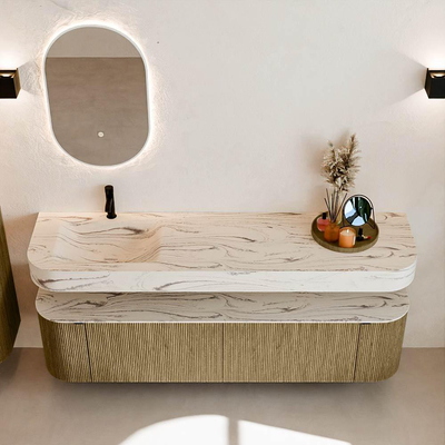 MONDIAZ THOR-DLUX 180cm meuble de salle de bains arrondi gauche + droite couleur Dusk avec 2 tiroirs et 2 portes. Vasque suspendue CLOUD gauche 1 trou de robinet couleur Nata.