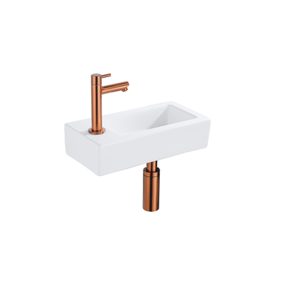QeramiQ Lave-mains Kit lave-mains - 37.5x18.5x9cm - céramique - trou de robinet gauche - robinet lave-mains en cuivre brossé - bonde de vidage - siphon abaissé - Mat blanc