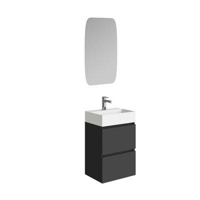 Xellanz Mini onderkast met 2 laden mat zwart en wastafel keramiek glans wit 45 cm inclusief spiegel