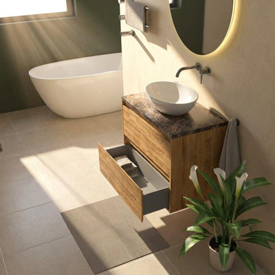 Saniclass Holz Pure Ensemble de meubles de salle de bains - 80x45x63cm - Plan de toilette en pierre naturelle Noche dark emperador - sans trou de robinet - 2 tiroirs - chêne natural mat (bois)