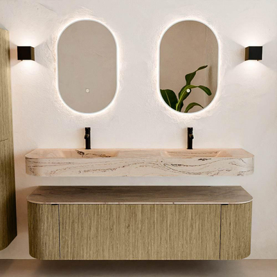 MONDIAZ THOR-DLUX 160cm meuble de salle de bains arrondi gauche + droite couleur Dusk avec 1 tiroir et 2 portes. Vasque suspendue CLOUD Double 2 trous de robinet couleur Arena.