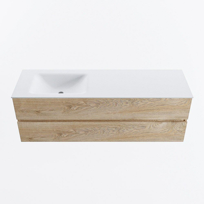 MONDIAZ VICA 150cm meuble de salle de bains sous-meuble Washed Oak 2 tiroirs. Lavabo CLOUD gauche sans trou de robinet, couleur Talc.
