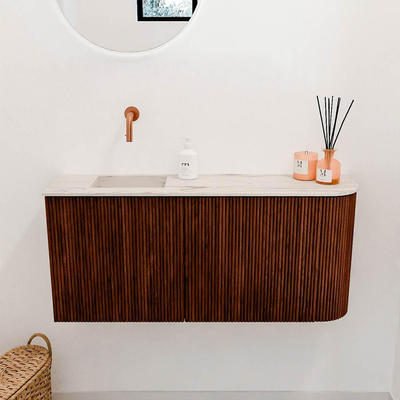 Mondiaz JOYA-DLUX 91.6cm toiletmeubel - ronding rechts kleur Ruby - Wastafel FAYE positie Links Zonder kraangat kleur Nata.