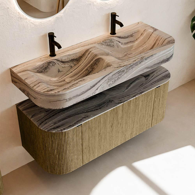 MONDIAZ THOR-DLUX 120cm meuble de salle de bains arrondi gauche + droite couleur Dusk avec 1 tiroir et 2 portes. Vasque suspendue CLOUD Double 2 trous de robinet couleur Sombra.