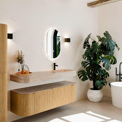 MONDIAZ THOR-DLUX 150cm meuble de salle de bains arrondi gauche + droite couleur Oak avec 1 tiroir et 2 portes. Vasque suspendue CLOUD droite 1 trou de robinet couleur Saba.