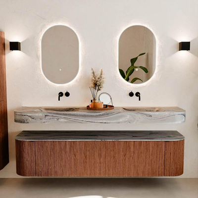 MONDIAZ THOR-DLUX Meuble de salle de bains - 190cm - arrondi gauche + droite - couleur Ruby - 2 tiroirs - 2 portes - Vasque suspendue CLOUD Double sans trou de robinet - couleur Sombra