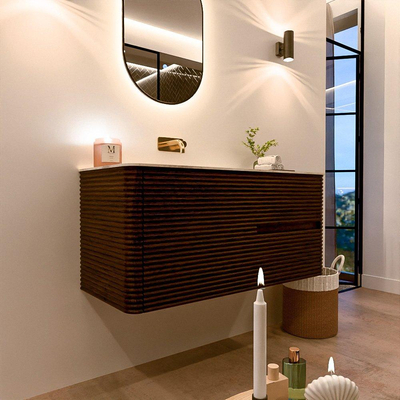 Mondiaz CIRO-DLUX Meuble de salle de bains - 110x45x50cm - vasque solid surface Ostra - 1 bassin à gauche - sans trous de robinet - 2 tiroirs - Noyer