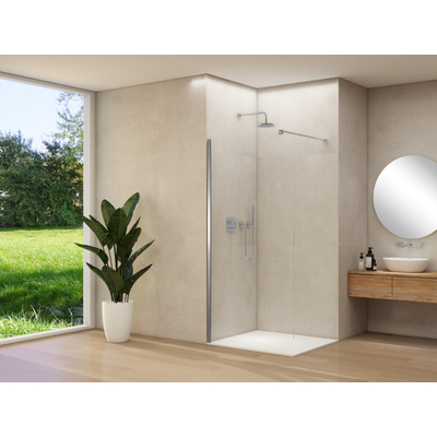 ST 01 vaste wand helder glas met glasbehandeling 117-119 cm geborsteld rvs beslag met muurprofiel en stabilisatiestang