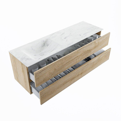 MONDIAZ VICA-DLUX Ensemble meuble de salle de bains - 150cm - meuble bas Washed oak - 2 tiroirs - lavabo encastré cloud à gauche - 1 trou de robinet - version haute 60cm - Opalo