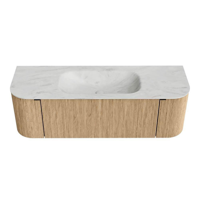 MONDIAZ KURVE-DLUX 140cm badmeubel met module 25 Len R kleur Oak met 1 lade en 2 deuren. Wastafel BIG SMALL midden 1 kraangat kleur Opalo.