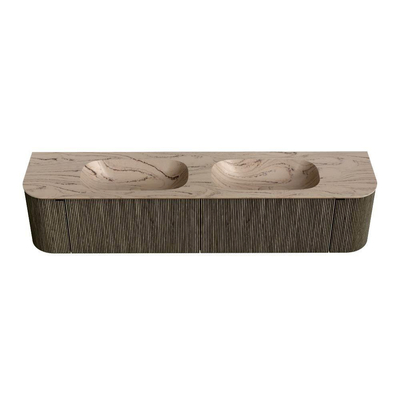 MONDIAZ KURVE-DLUX Meuble de salle de bains 200cm arrondi Gauche + Droite couleur Shadow avec 2 tiroirs et 2 portes. Lavabo STOR SMALL Double sans trou de robinet Arena.