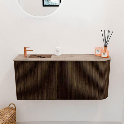Mondiaz JOYA-DLUX 91.6cm toiletmeubel - ronding rechts kleur Walnut - Wastafel FAYE positie Links 1 kraangat kleur Arena.