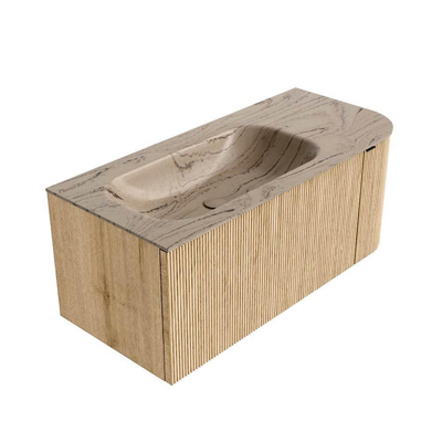 MONDIAZ KURVE-DLUX 105cm badmeubel ronding Rechts kleur Oak met 1 lade en 1 deur. Wastafel BIG SMALL Links zonder kraangat Arena.