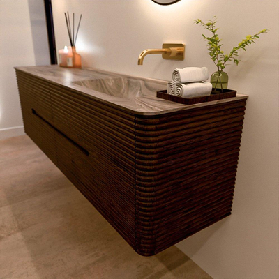 Mondiaz CIRO-DLUX Ensemble de meubles de salle de bains - 170x45x50cm - vasque en solid surface Sombra - 1 bassin à droite - sans trous de robinet - 4 tiroirs - Noyer