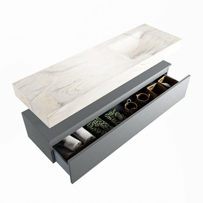 Mondiaz ALAN-DLUX Ensemble de meuble - 150cm - meuble Plata mat - 1 tiroir - Lavabo Cloud Ostra suspendu - vasque Droite - 0 trous de robinet