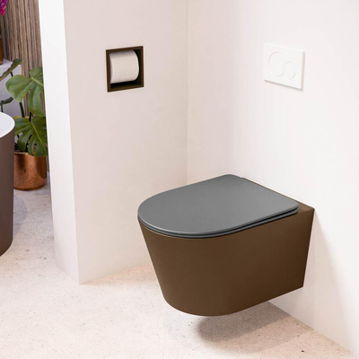 Mondiaz LAVIE hangtoilet – spoelrandloos – 36 x 53 cm – met softclose zitting – Rust (bruin), zitting Dark grey (grijs)