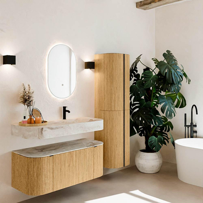 MONDIAZ THOR-DLUX 110cm badmeubel ronding links + rechts kleur Oak met 1 lade en 2 deuren. Vrijhangende wastafel CLOUD Rechts 1 kraangat kleur Frappe.