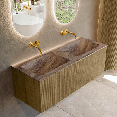 MONDIAZ KURVE-DLUX Meuble de salle de bains 120 cm couleur Dusk avec 1 tiroir et 0 porte. Lavabo LEAF Double sans trou de robinet Oza.