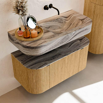 MONDIAZ THOR-DLUX 100cm badmeubel ronding links + rechts kleur Oak met 1 lade en 2 deuren. Vrijhangende wastafel CLOUD Rechts zonder kraangat kleur Sombra.